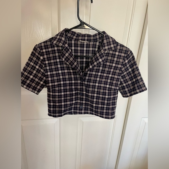 Brandy Melville/John Galt Blue Plaid Flannel Crop Top - Picture 2 of 2